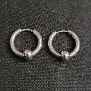 Men's silver stainless steel ball charm mini hoop earrings